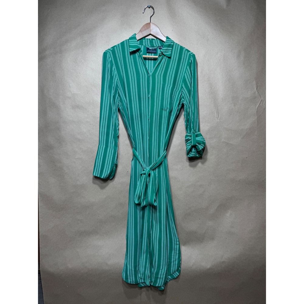 Maeve by Anthropologie Green White Striped Button Down Midi Shirt Dress Size 6